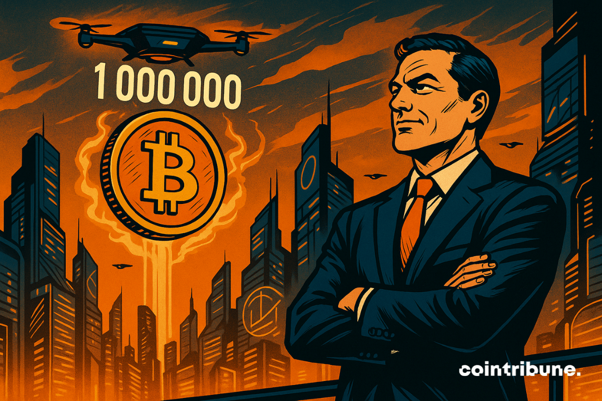 A determined CEO overlooks a futuristic city from a balcony, arms crossed, staring at a huge, glowing Bitcoin floating in the sky. A drone projects the number 1,000,000, symbolizing boundless ambition and a prophetic vision of a future shaped by crypto. A bold palette of black, orange, and yellow, reminiscent of a 1970s comic book.