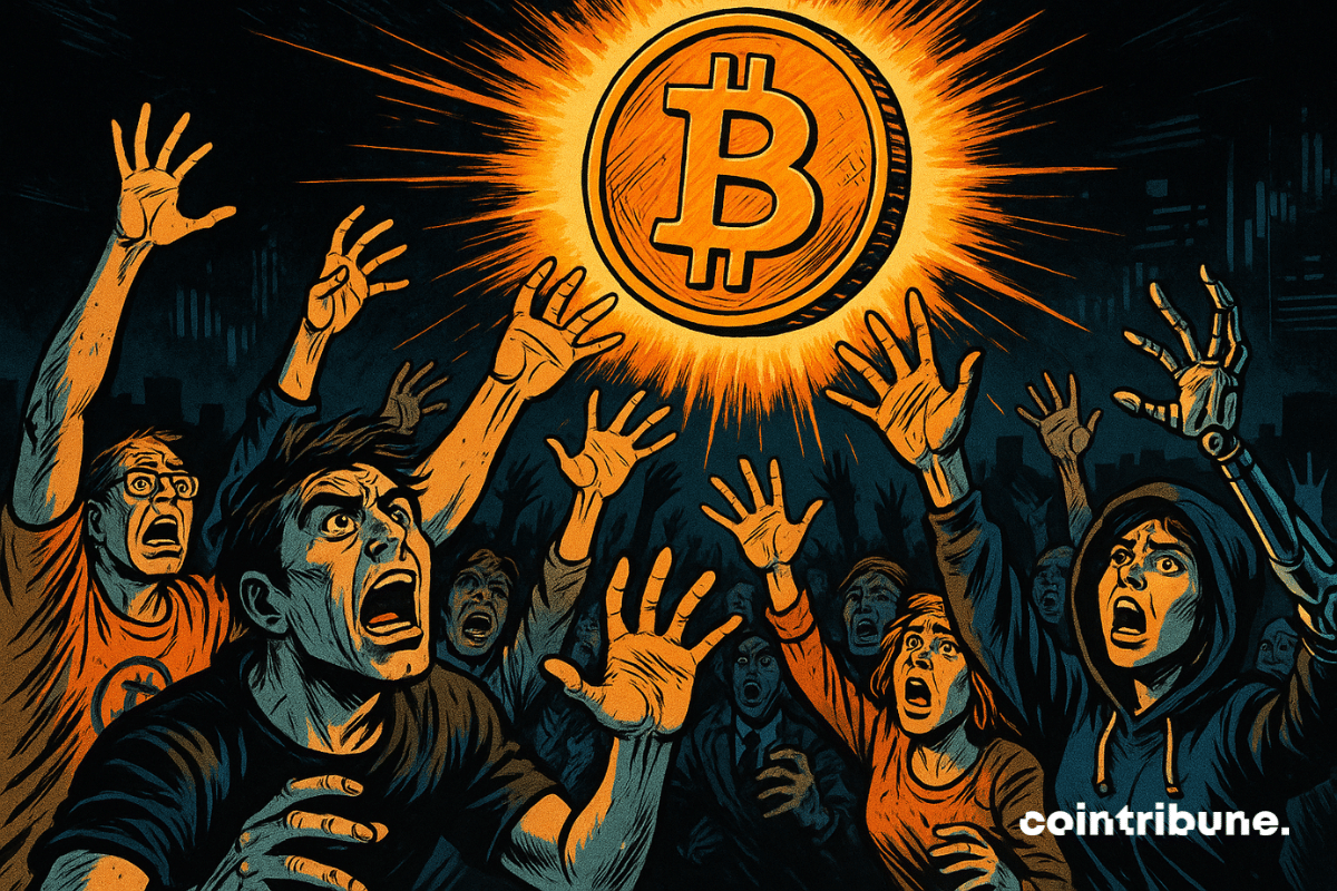 Une foule de personnes désespérées, dans un style de bande dessinée, tend la main vers un Bitcoin lumineux planant au-dessus d'eux, avec un éclairage dramatique et une main robotique parmi eux.