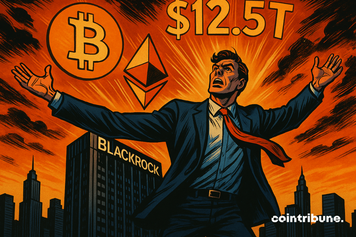 Un hombre de negocios se encuentra en lo alto de un rascacielos de BlackRock con los brazos en alto mientras los símbolos de Bitcoin, Ethereum y ",5T" brillan en el cielo detrás de él.