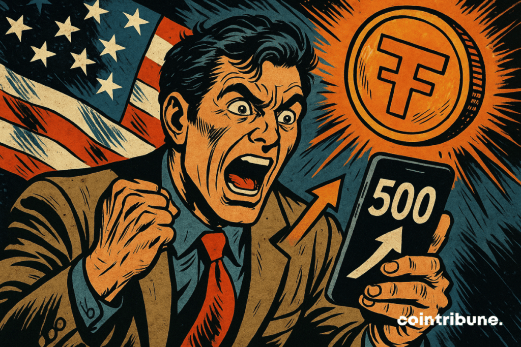 A man in a suit reacts with surprise when he sees a rise to 500 on his smartphone, with an orange coin symbolizing the crypto in the background