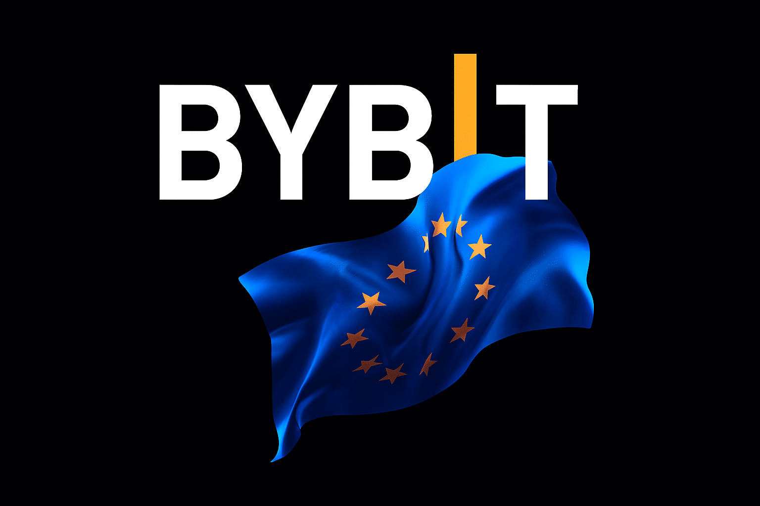 Logo Bybit avec le drapeau de l’Union européenne en dessous, représentant l’intégration au marché européen.