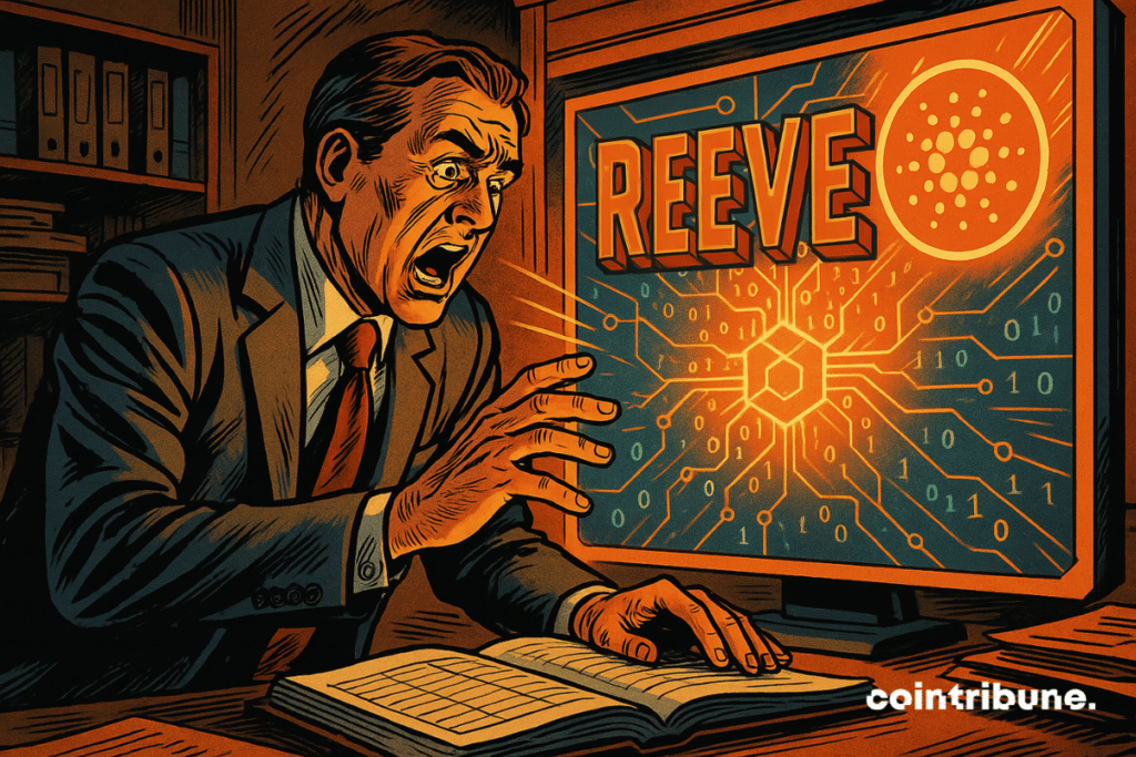 Un contable atónito descubre «REEVE» de Cardano en una pantalla naranja de blockchain, que contrasta con su tradicional oficina oscura.