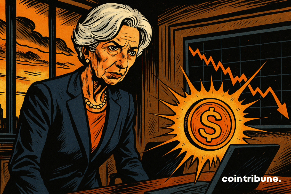 Una concentrada Christine Lagarde observa en su despacho un amenazador símbolo de stablecoin con un gráfico en picado.