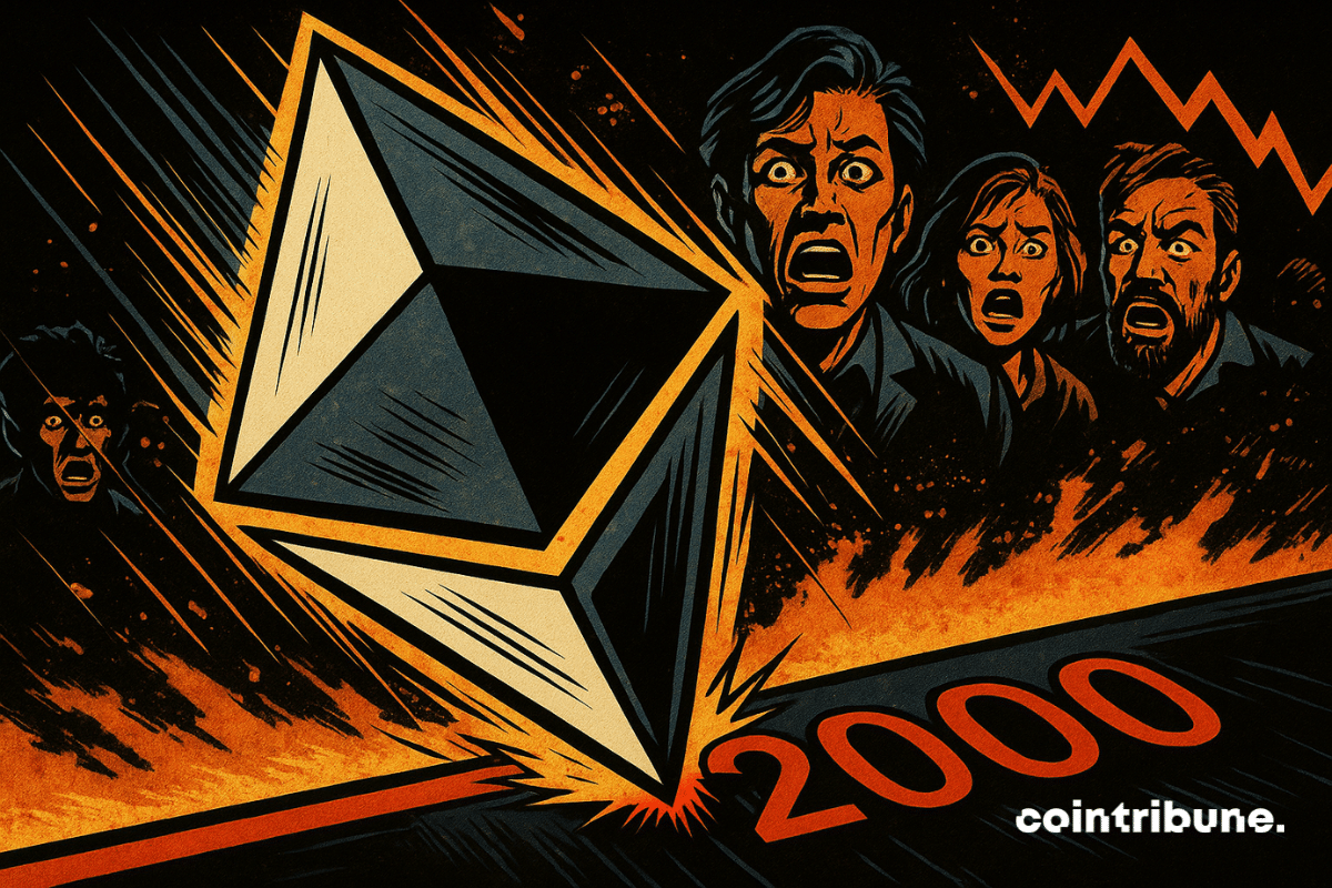 Un logo Ethereum en chute vers "2 000 $" avec des investisseurs choqués en arrière-plan, sur un fond orange éclatant.