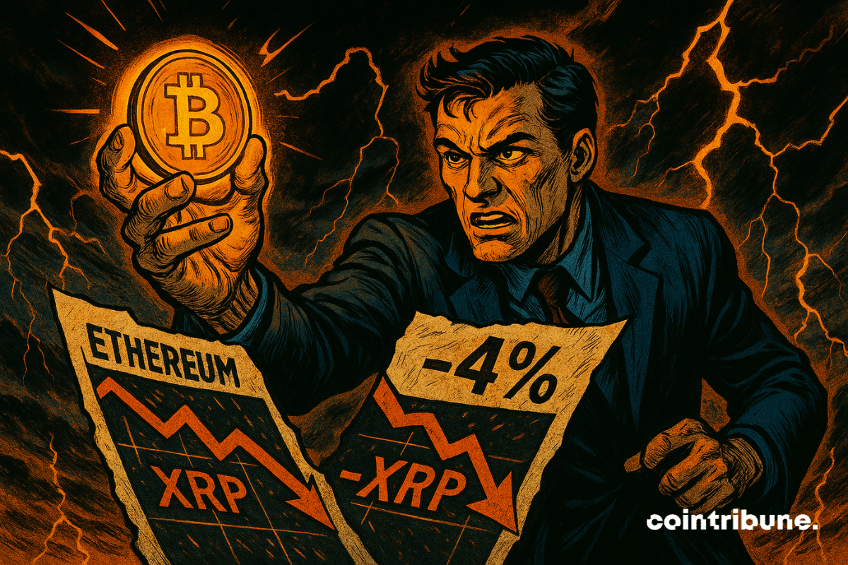 Un hombre decidido agarra un Bitcoin brillante durante una tormenta. Ethereum y XRP caen. Caos, relámpagos, estilo cómic de los 70, energía dramática.