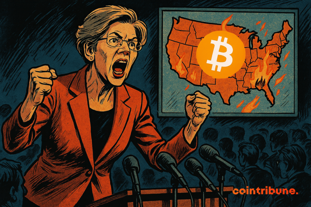Elizabeth Warren, furiosa, habla en un podio, con un mapa de Estados Unidos en llamas y un logotipo de Bitcoin.