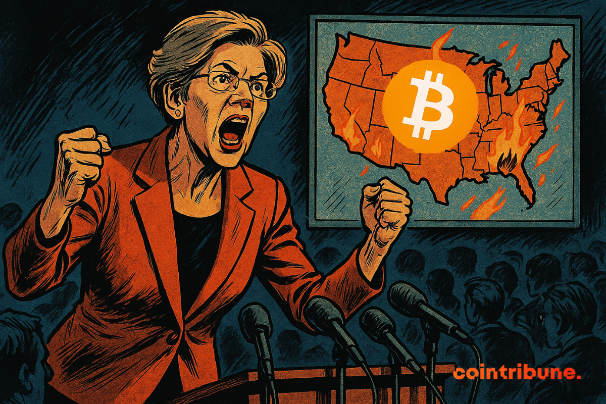 Elizabeth Warren, furiosa, fala em um pódio, com um mapa dos Estados Unidos em chamas e um logotipo da Bitcoin.