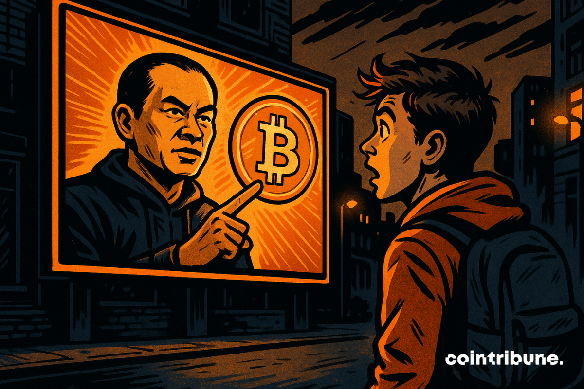 Um jovem entusiasta de criptomoedas observa um outdoor brilhante de Bitcoin com CZ, sugerindo uma nova oportunidade de mercado.