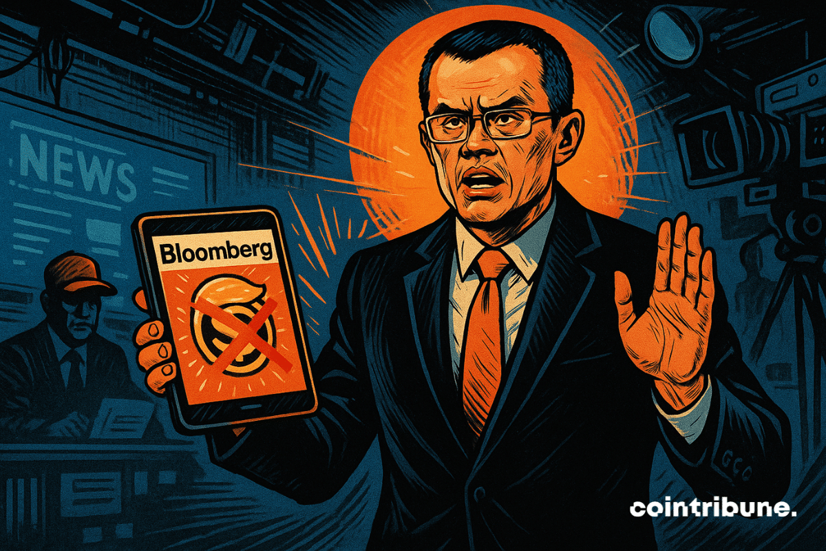 CZ, ex-patron de l’exchange crypto Binance, debout, costume noir cintré, chemise blanche et cravate orange vif. Il tient une tablette numérique dans une main, qu’il présente à la caméra. Son autre main est levée dans un geste de contestation maîtrisée. Son expression est sérieuse et tendue, avec un mélange de colère contenue et de résolution. Les yeux sont légèrement plissés, les lèvres serrées, sourcils froncés. Sur l’écran de la tablette, on voit une fausse une de Bloomberg avec un titre barré d’un grand "X" rouge, et en arrière-plan, un logo de stablecoin aux couleurs dorées et rouges (référence implicite à Trump).