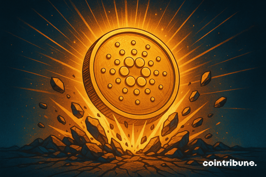 Ilustración de una moneda Cardano (ADA) que surge del suelo, lo que simboliza un poderoso aumento de precios.