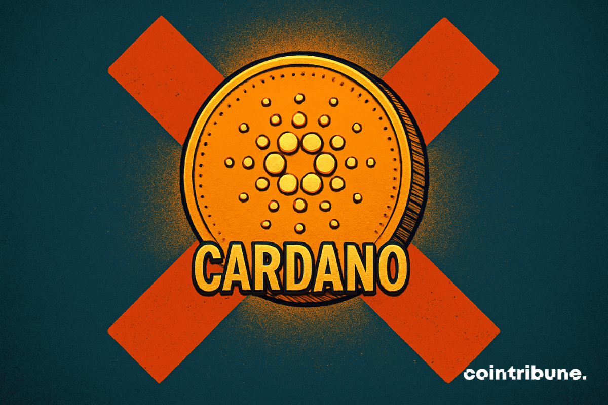 Ilustração de uma moeda Cardano com um “X” vermelho atrás dela, simbolizando a reação e rejeição da comunidade.