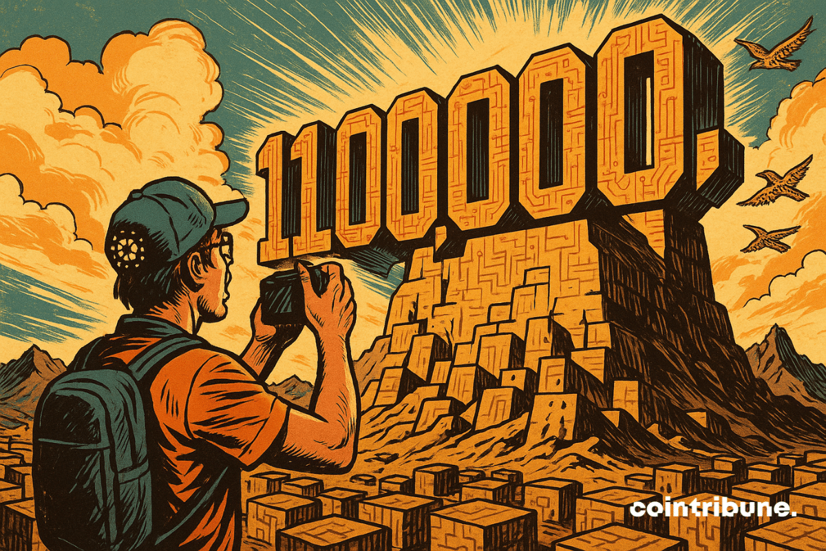 Un hombre con una camisa naranja fotografía un gigantesco monumento dorado "111.000.000", hecho de bloques de circuitos, rodeado de pájaros digitales y un paisaje montañoso surrealista.