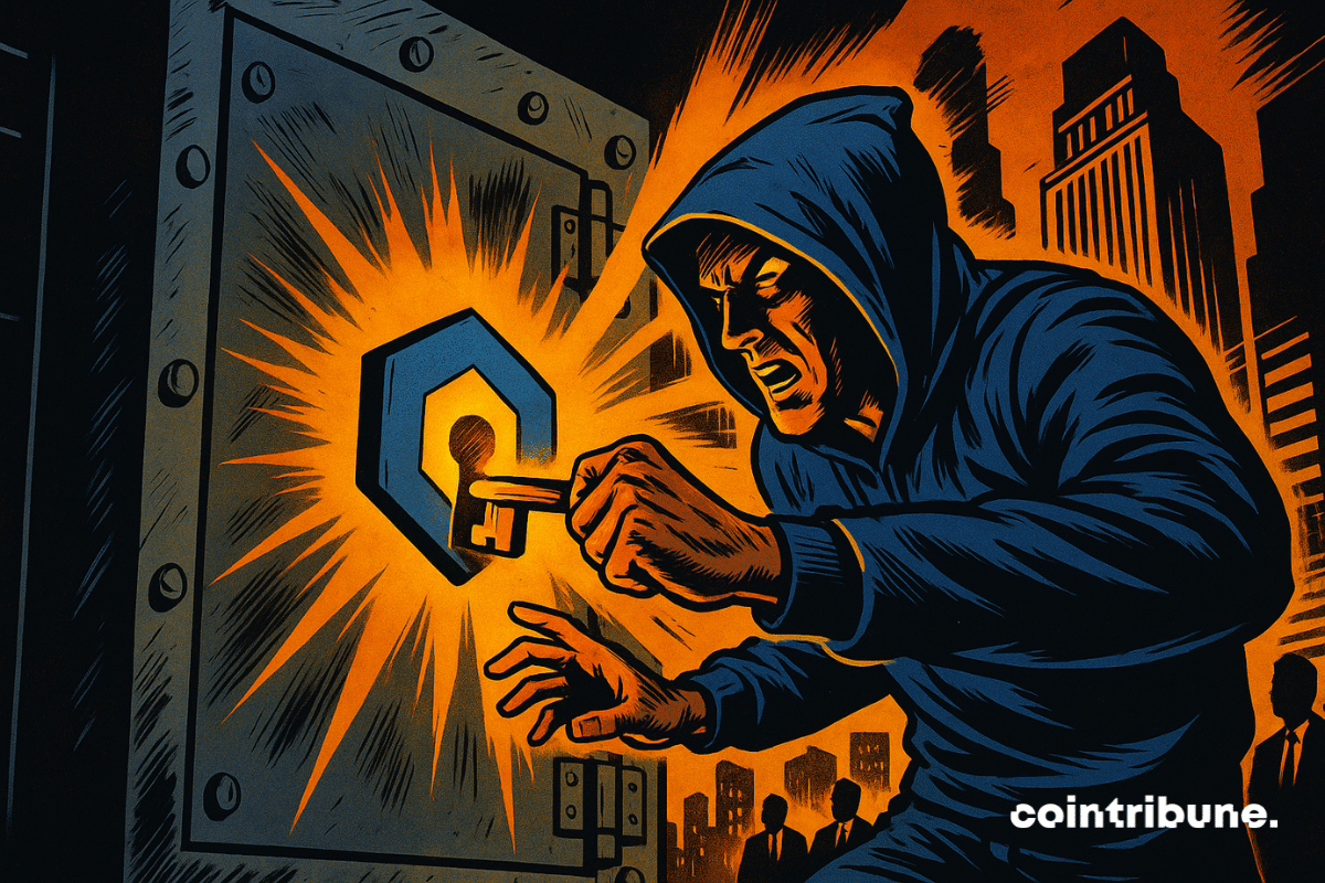 Un homme encapuchonné force un gigantesque coffre-fort illuminé par une serrure en forme du logo de la crypto Chainlink.