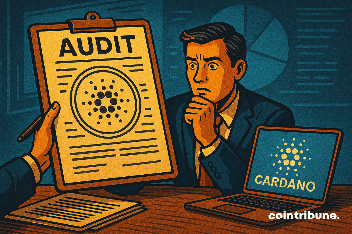 Illustration d'un homme examinant nerveusement un rapport d'audit intitulé « Cardano » alors qu'il est assis à un bureau avec un ordinateur portable affichant le logo Cardano.