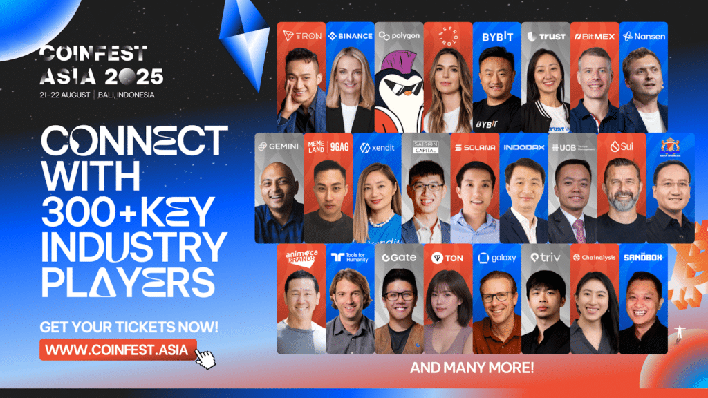 Bannière promotionnelle pour Coinfest Asia 2025 à Bali, présentant des portraits de personnalités majeures de l'industrie de la cryptographie et des logos d'entreprises comme Binance, Bybit, Solana, Sui et Animoca Brands.