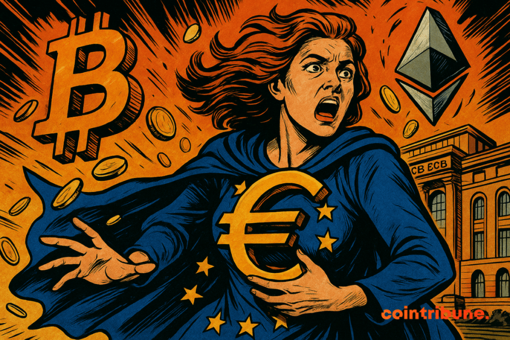 Une femme en cape bleue décorée d’étoiles européennes protège un symbole de l’euro, tandis que les logos de Bitcoin et Ethereum l’encerclent violemment devant le bâtiment de la BCE.