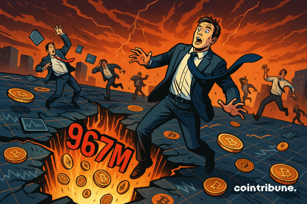 An investor at the center, wearing a suit, losing balance as the ground cracks beneath his feet. A massive lightning-shaped fissure splits the earth, sending ₿ tokens and red numbers reading “967M” tumbling into the abyss.
