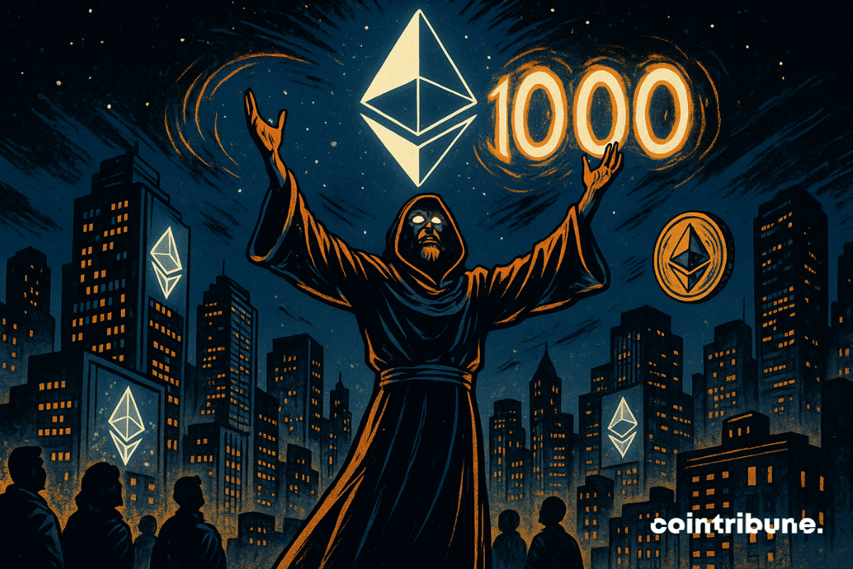 Um oráculo cripto está de pé à beira de um telhado, em posição central. Ele veste uma toga preta de alta tecnologia com reflexos metálicos e detalhes sutis em laranja. Seu rosto está parcialmente coberto por um capuz, mas seus olhos brilham com uma luz branca sobrenatural. A figura levanta os braços em direção ao céu, numa postura de revelação ou profecia. Sua postura é ereta e solene, quase teatral. No céu estrelado acima dele, um imenso logotipo estilizado do Ethereum (em forma geométrica luminosa) brilha intensamente. Ao seu redor, o número “10.000” aparece como dígitos digitais em chamas, evocando uma profecia celestial.