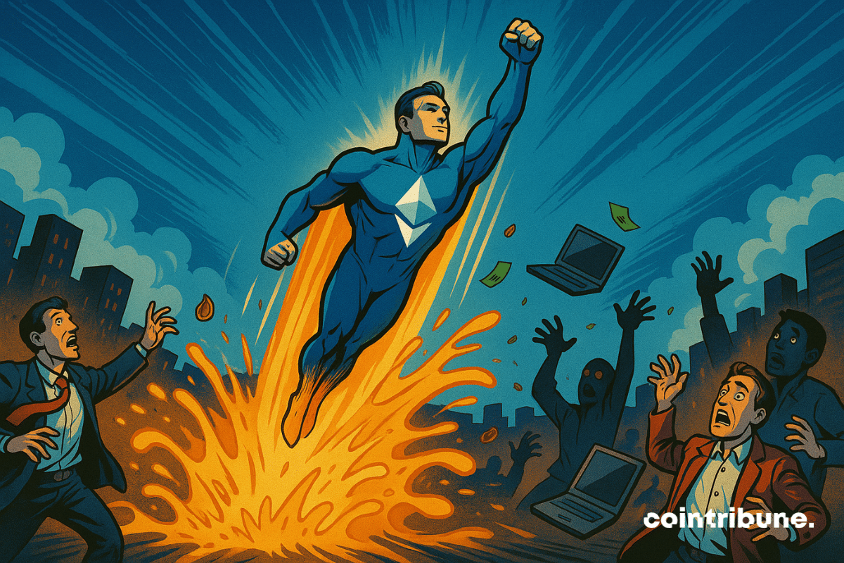 Un super-héros Ethereum fuse dans le ciel, ce qui symbolise l’ascension rapide de la crypto.