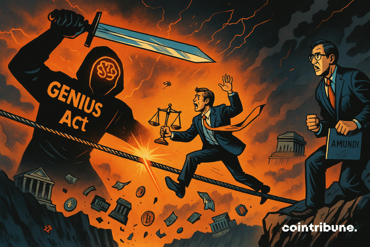 Un investisseur crypto représentant le système financier mondial, marchant en équilibre précaire sur une corde raide tendue. En posture désespérée, il lève l’autre bras pour stopper ce qui vient. Une autre silhouette sombre géante portant un masque numérique stylisé en forme de cerveau lumineux (symbole du GENIUS Act), lève une immense lame brillante prête à couper la corde.