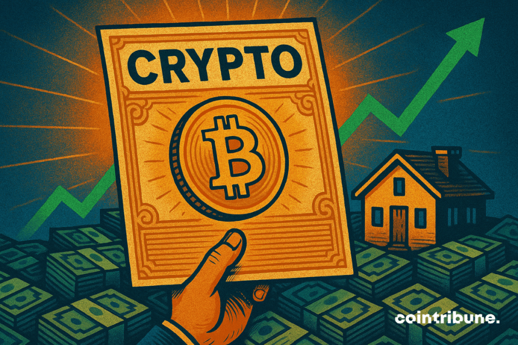 Illustration of a hand holding a document labeled "CRYPTO" with a Bitcoin symbol, in front of a house and a rising green arrow, symbolizing the use of crypto in mortgage financing.