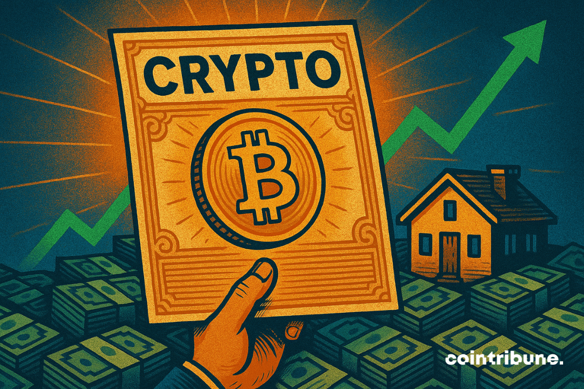 Illustration of a hand holding a document labeled "CRYPTO" with a Bitcoin symbol, in front of a house and a rising green arrow, symbolizing the use of crypto in mortgage financing.