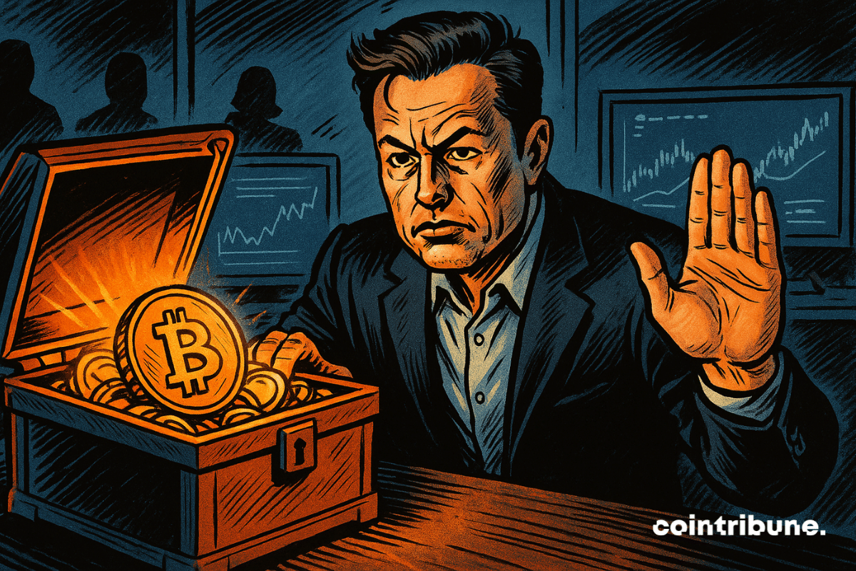 Elon Musk, left hand on a crypto vault, right hand raised in a stop gesture.