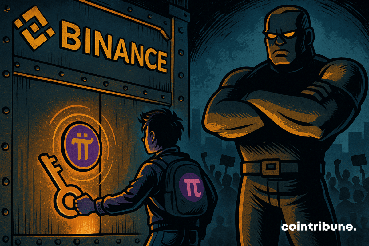 Un jeune personnage (style ado ou hacker) portant le symbole π sur son blouson, tendant une clé brillante vers la porte. La porte est tenue par un garde robotique imposant, ce qui symbolise le refus de listing de la crypto Pi Network par l’exchange Binance.