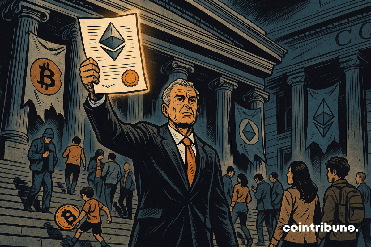 Um alto funcionário do governo (ou juiz cripto) está de pé no topo da escadaria. Ele veste um terno preto formal com um cachecol laranja — um símbolo discreto de modernidade. Em uma das mãos, segura orgulhosamente um documento oficial, marcado com um selo estatal e o logotipo do Ethereum.