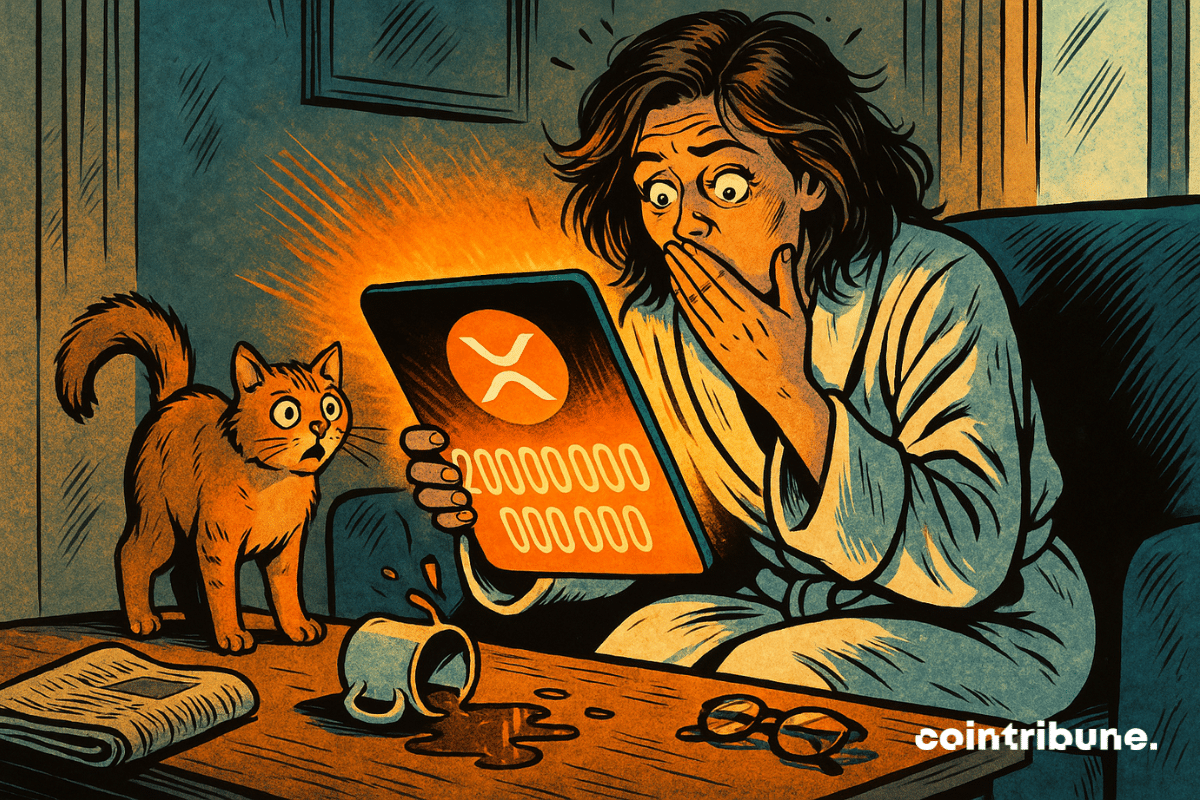 Una mujer de unos treinta años, con una bata blanca y el pelo despeinado como recién levantada, observa una tableta que muestra «200 000 000 000» con el logo de la criptomoneda XRP brillando en el centro.