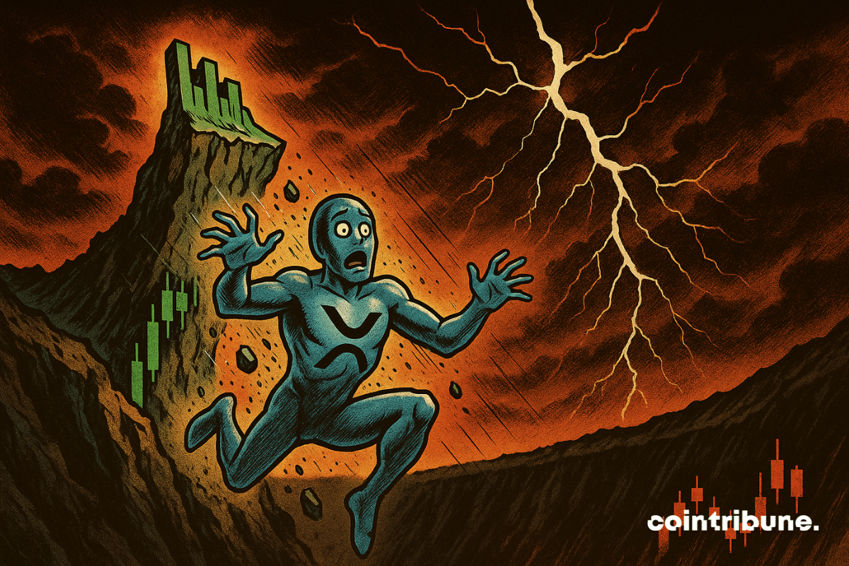 XRP is personified as a silvery, fluid, crystalline humanoid being, with a torso clearly bearing the crypto logo. Its body begins to disintegrate into pixels or fragments, symbolizing the fall in value.
