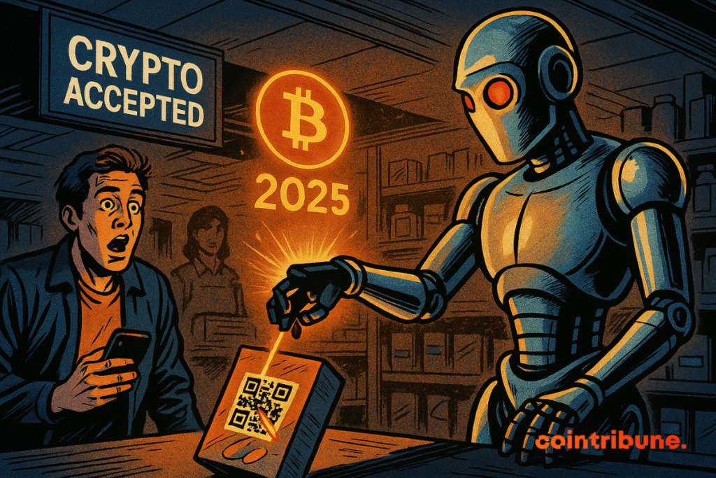 Um robô humanoide escaneia um código QR em uma caixa de cereal no caixa do supermercado, projetando um logotipo brilhante do Bitcoin e "2025" enquanto um cliente chocado observa.