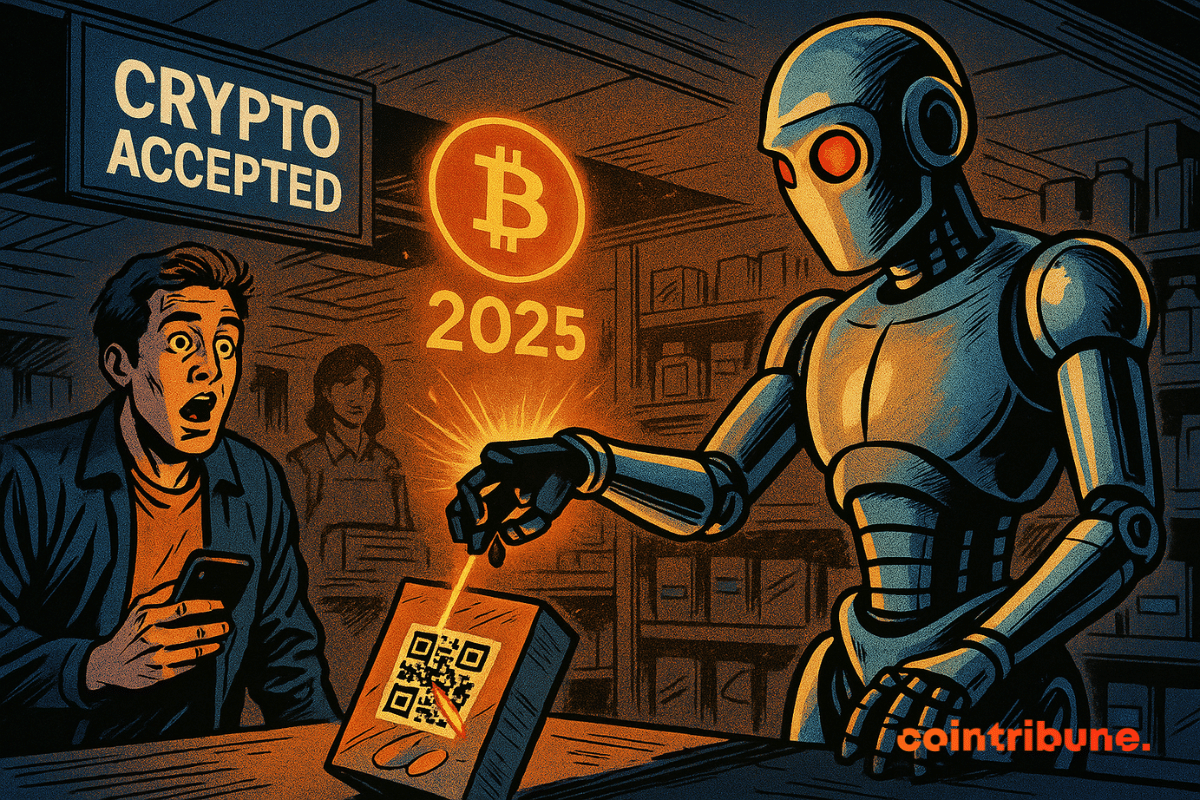 Un robot humanoide escanea un código QR en una caja de cereales en la caja de un supermercado, proyectando un logo de Bitcoin brillante y "2025" mientras un cliente sorprendido observa.
