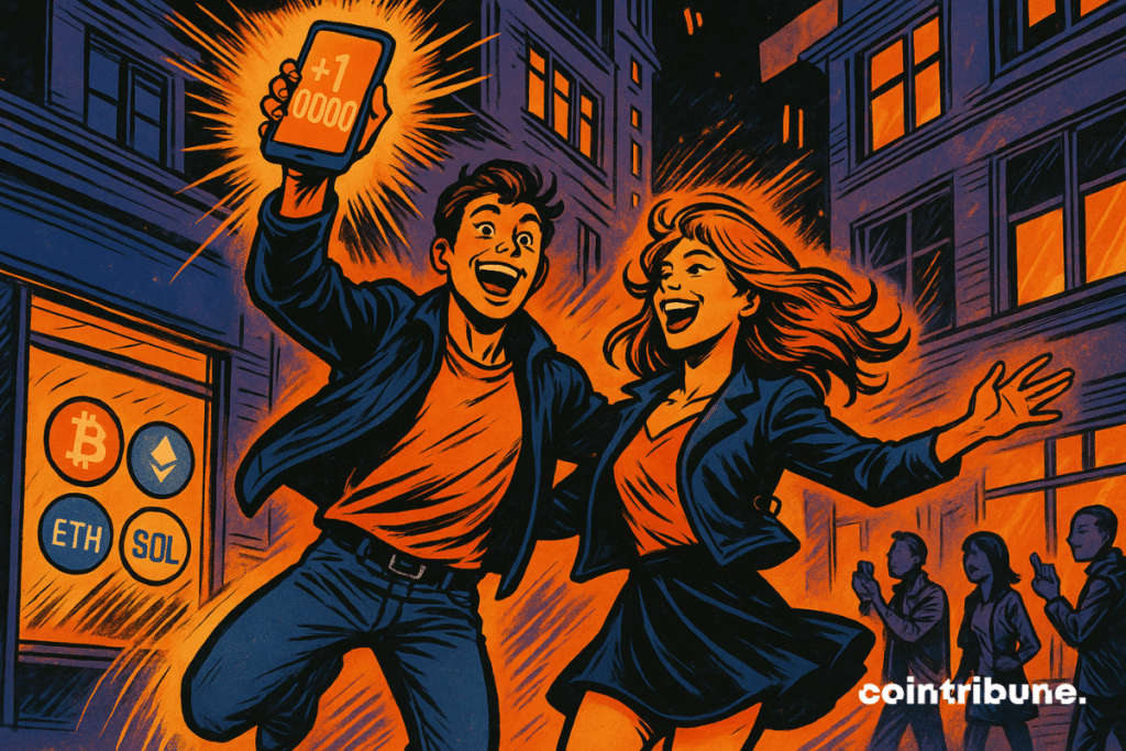 A young couple in their twenties shows expressions of pure, euphoric joy, their eyes wide open and mouths agape in laughter. The phone in the man's hand displays a glowing number: “+1,000,000,” symbolizing the surge in investments within the crypto ecosystem.