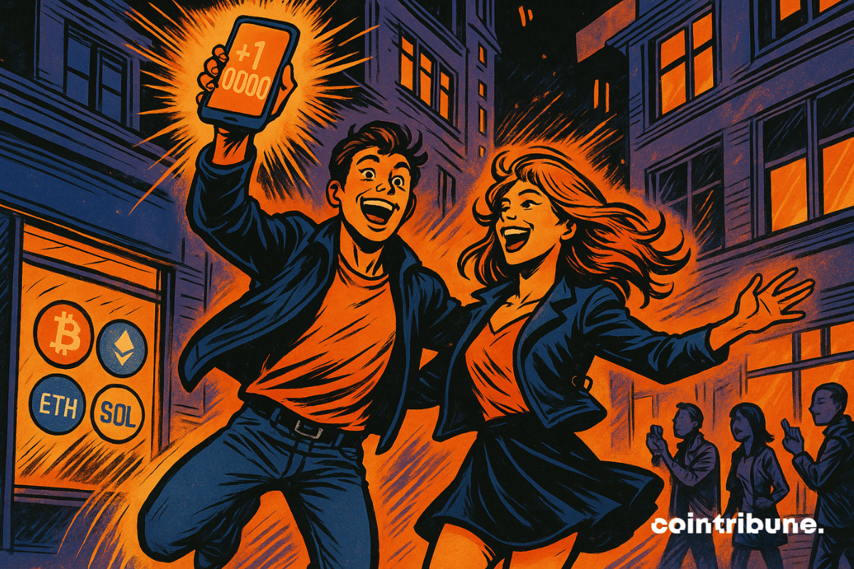 A young couple in their twenties shows expressions of pure, euphoric joy, their eyes wide open and mouths agape in laughter. The phone in the man's hand displays a glowing number: “+1,000,000,” symbolizing the surge in investments within the crypto ecosystem.
