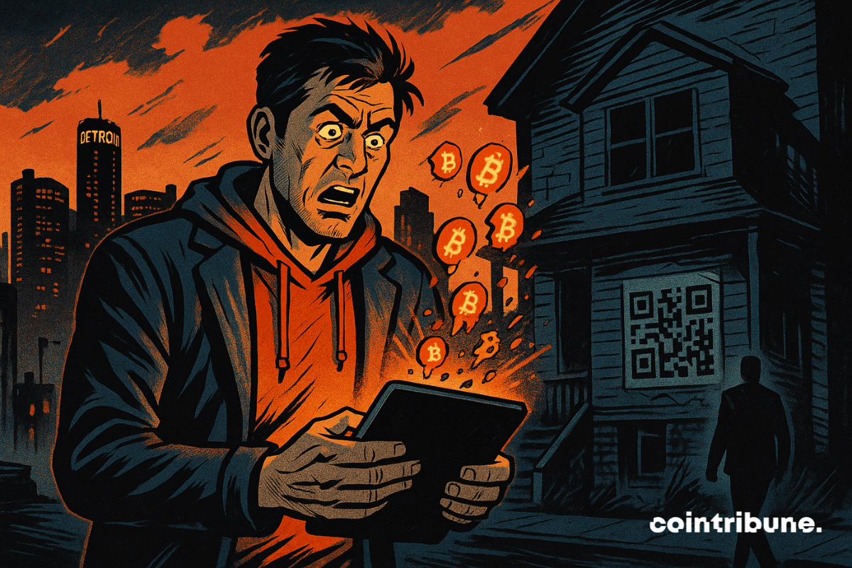 Un homme choqué découvre une arnaque crypto devant une maison abandonnée à Detroit, symbole d’un scandale RWA.