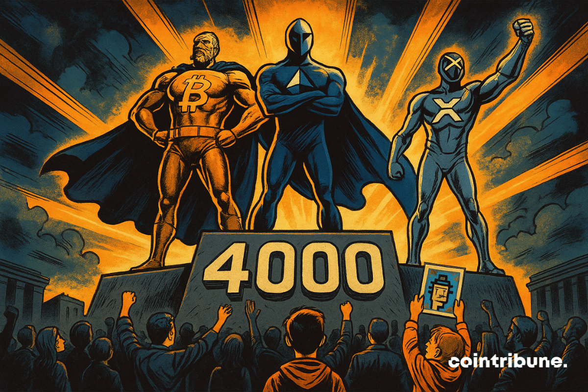 Tres figuras humanoides colosales, que representan los pilares del mercado cripto —Bitcoin, Ethereum y XRP—, están centradas sobre un inmenso pedestal de tres niveles, instalado en medio de una plaza monumental.