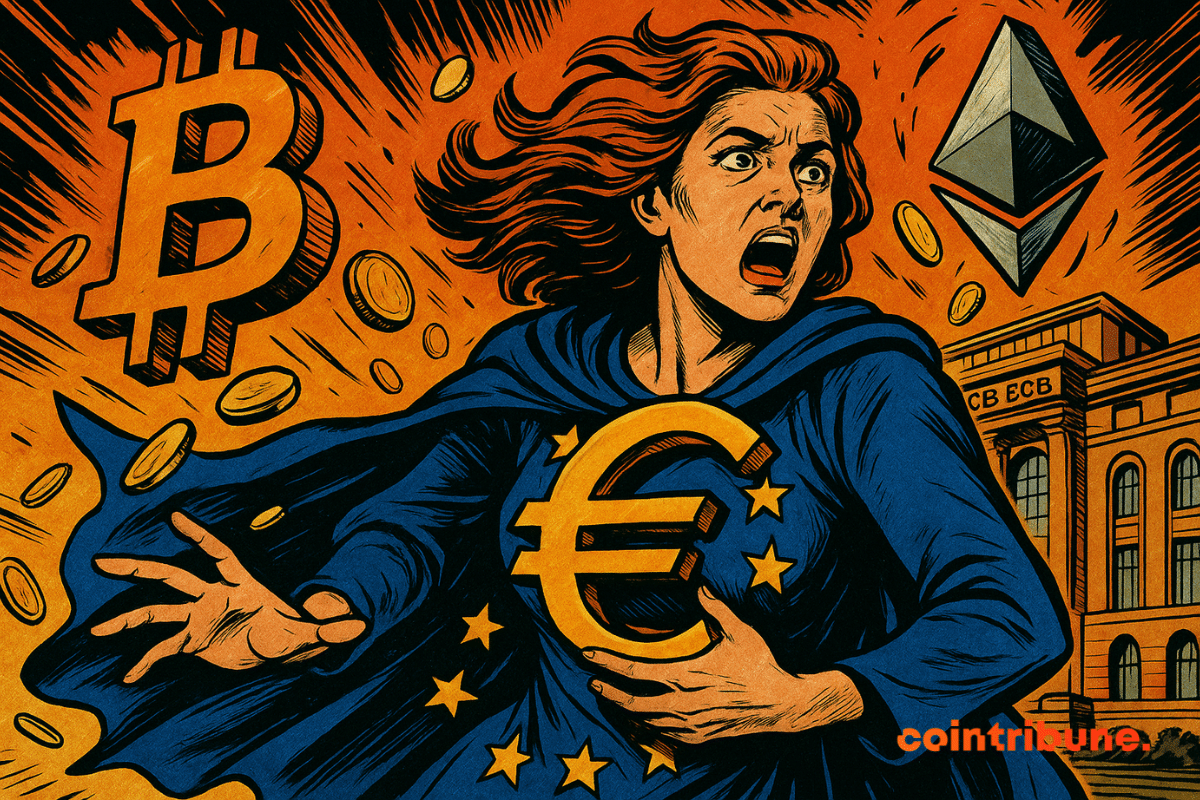 Uma mulher com uma capa azul decorada com estrelas europeias protege um símbolo do euro, enquanto os logotipos do Bitcoin e do Ethereum a cercam violentamente em frente ao prédio do BCE.