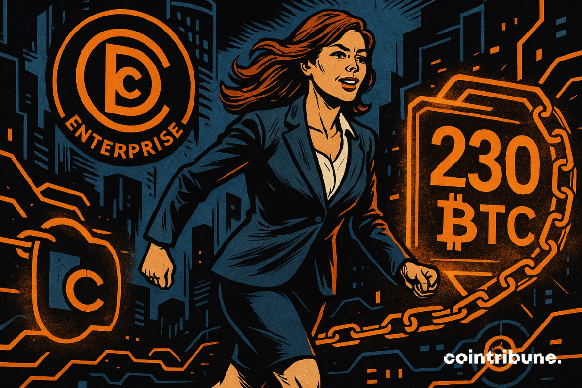 Une femme d'affaires confiante marche dans un environnement numérique, avec des éléments blockchain et le logo DDC Enterprise.