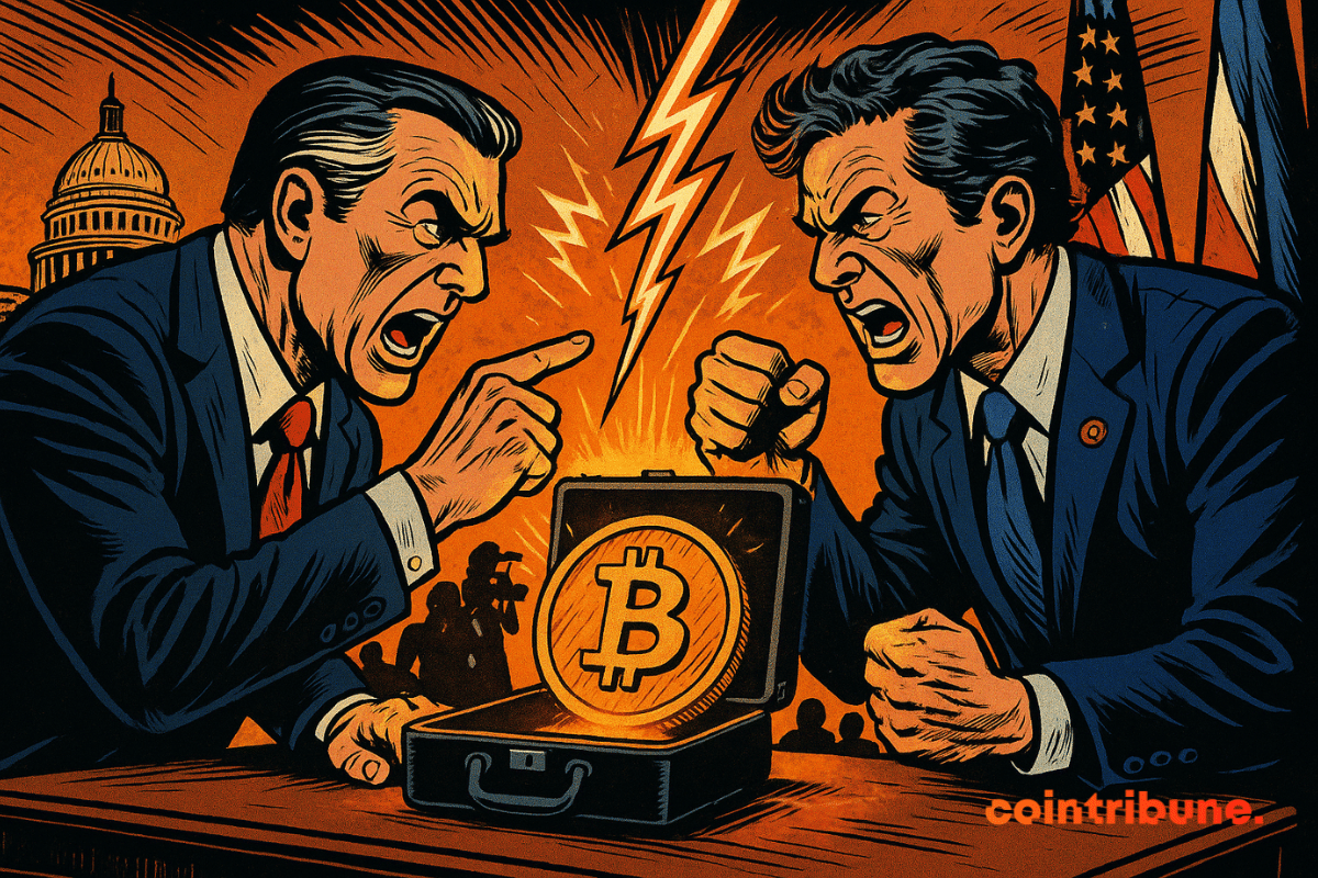 Dos políticos furiosos se enfrentan violentamente por un Bitcoin resplandeciente, con el Capitolio de fondo y dramáticos relámpagos.