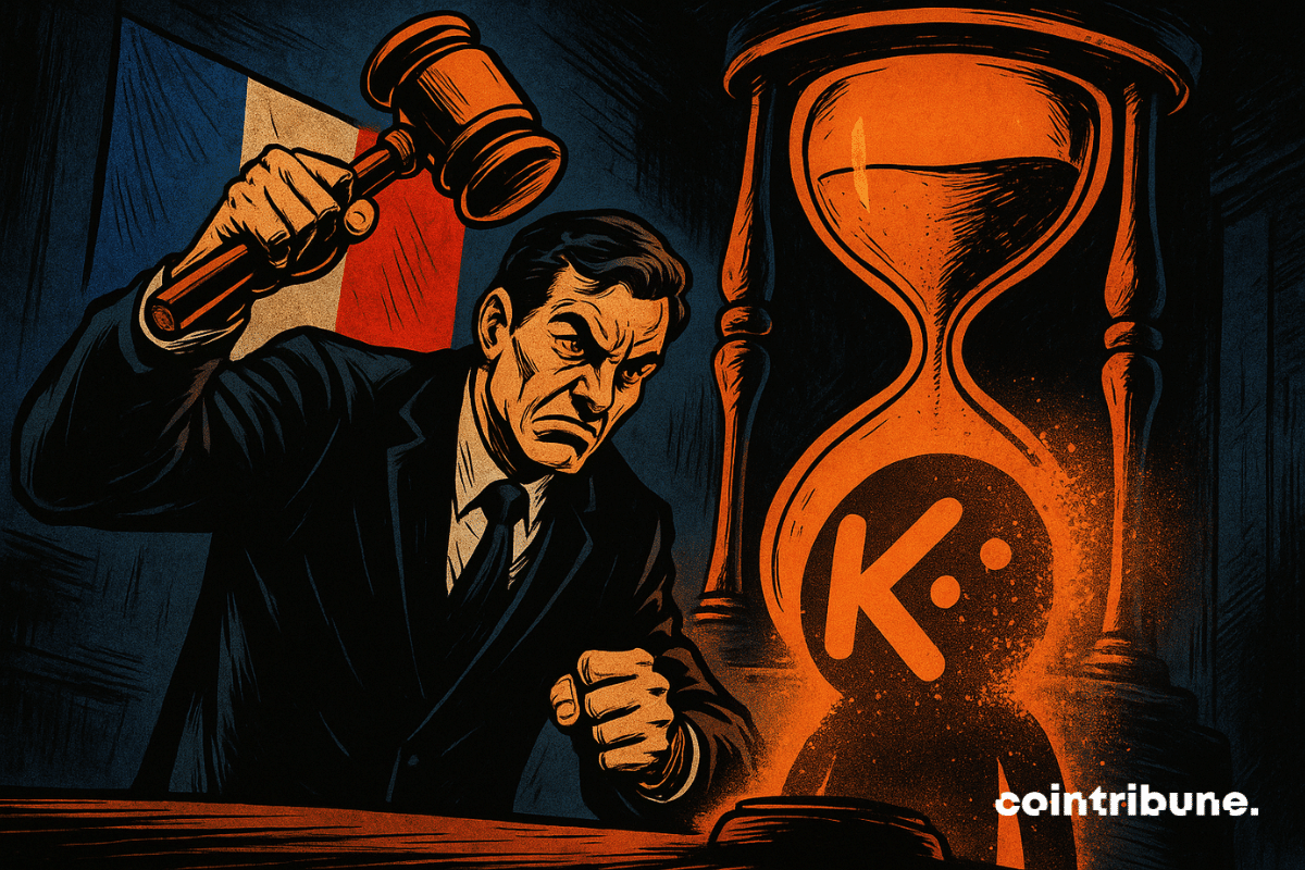 Un juge sévère brandissant son marteau devant un sablier orange, avec le logo KuCoin et le drapeau français.