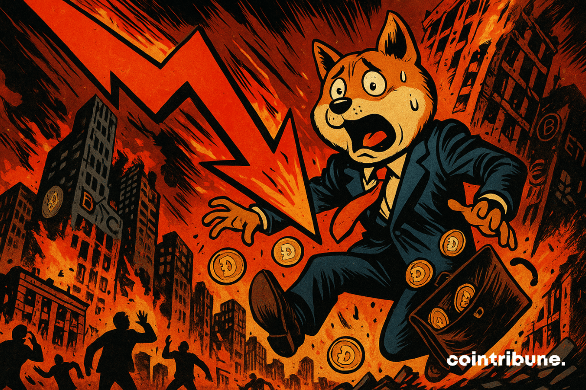 Un DOGE humanoïde, costume trois pièces froissé, attaché-case ouvert laissant s’échapper des cryptos Dogecoin. Il tombe en arrière d’un building en flammes, visage paniqué, yeux exorbités, pattes écartées, cravate orange flottant au vent.