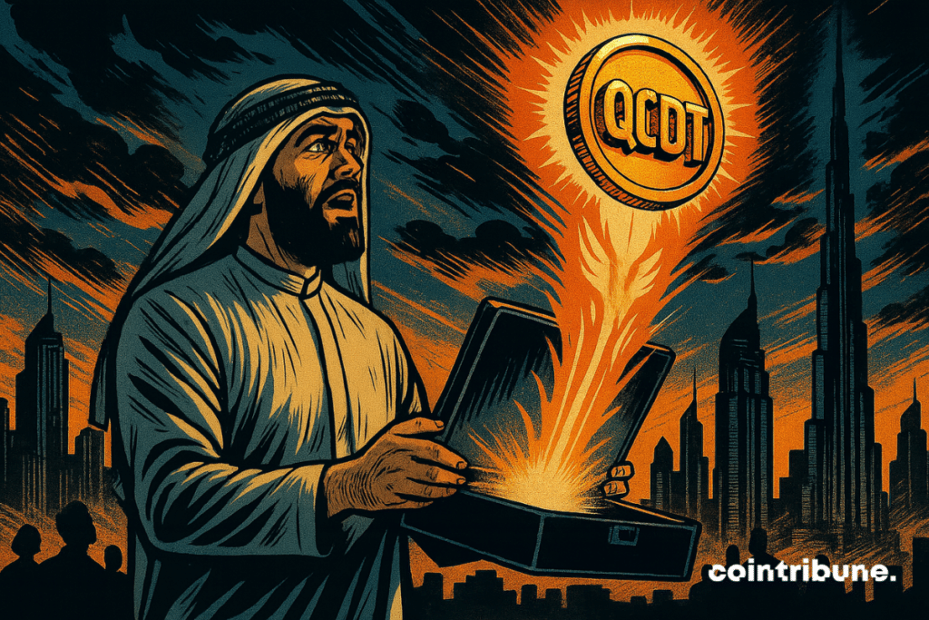 Homem em trajes tradicionais, deslumbrado por uma ficha luminosa "QCDT" emergindo de uma maleta, com Dubai ao fundo.