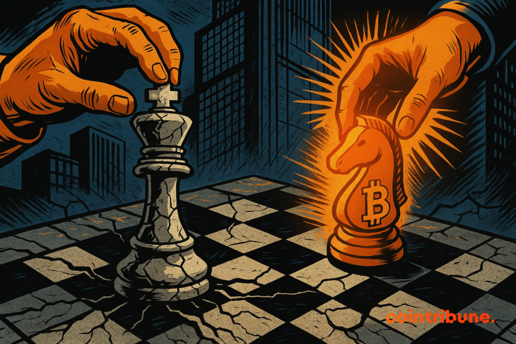 Mano naranja mueve jinete luminoso de Bitcoin, frente a rey agrietado de S&P 500, en tablero de ajedrez agrietado, ambiente oscuro y tenso.