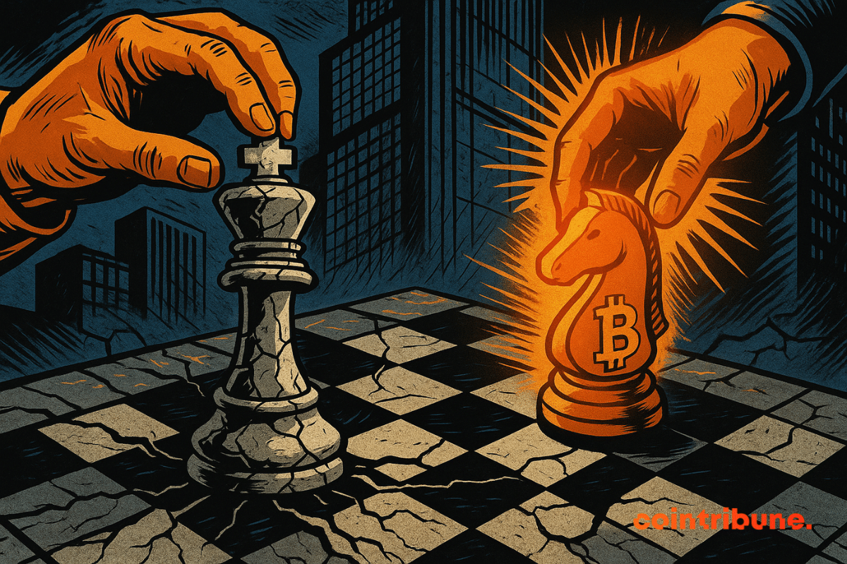 Orange hand moves bright Bitcoin rider, opposite cracked S&P 500 king, on cracked chessboard, dark and tense atmosphere.