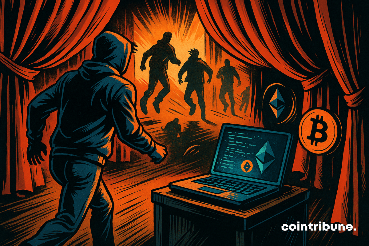 Un développeur fuit une scène, laissant un ordinateur affichant des logos crypto comme Bitcoin et Ethereum.