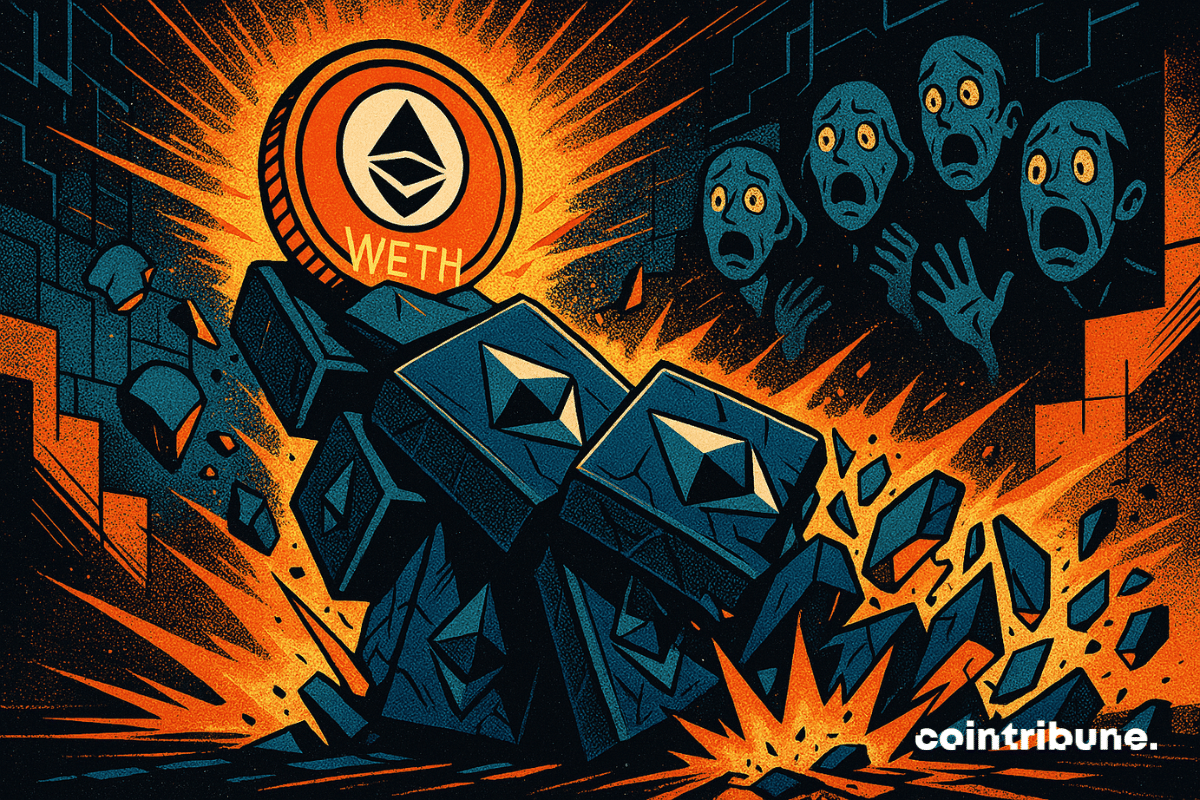 WETH lumineux déclenche l’effondrement d’Ethereum, tuiles brisées, visages fantomatiques choqués, fond numérique orange, bleu et noir.
