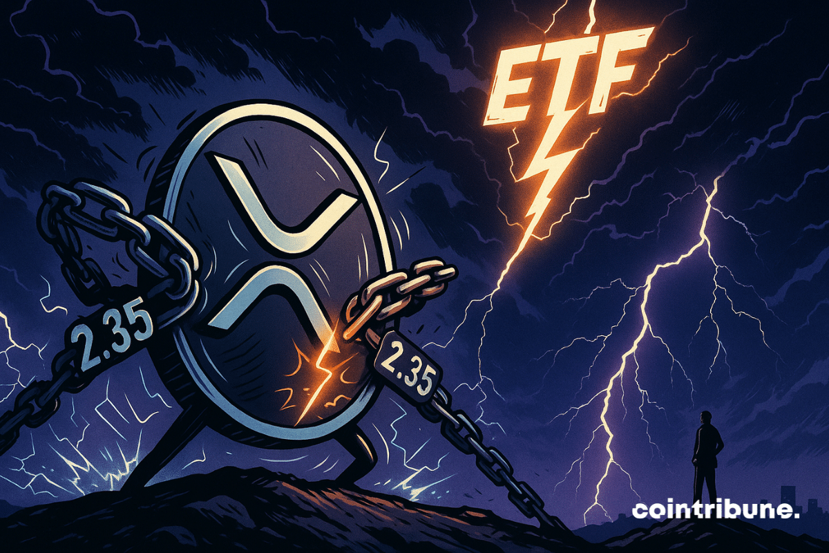 Une pièce géante personnifiée de la crypto XRP est enchaînée sous un orage.