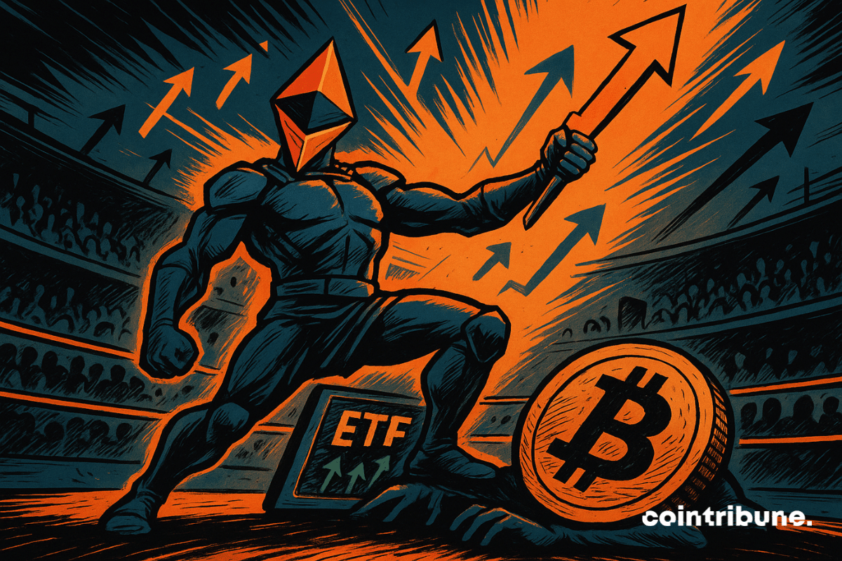 ETH debout en posture victorieuse sur un symbole Bitcoin à terre