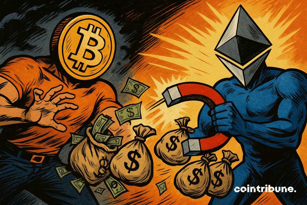 El dinero se siente atraído por Ethereum en un contexto brillante, mientras que Bitcoin se destaca en un contexto oscuro y tormentoso.
